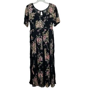 Vintage Olivia Black Lace Overlay Rose Print Broomstick Maxi Dress Size S